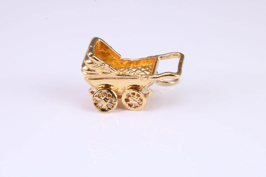 Baby Pram Charm, Traditional Charm, Made from Solid Yellow Gold, British Hallmarked, Complete with Attachment Link