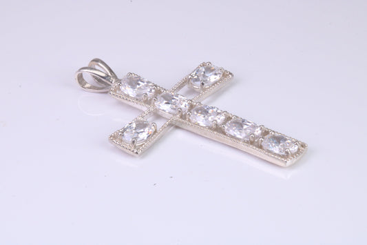 50 mm Long Sterling Silver C Z set Cross Necklace, Made From Solid Cast Silver