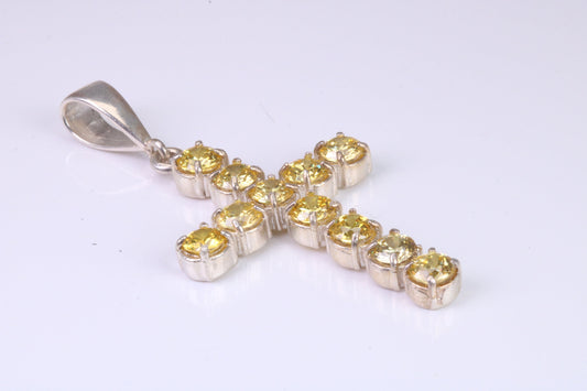 60 mm Long, Large Citrine C Z set Sterling Silver Cross, Made From Solid Cast Silver