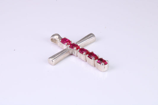 33 mm Long, Ruby Red C Z set Sterling Silver Cross, Made From Solid Cast Silver