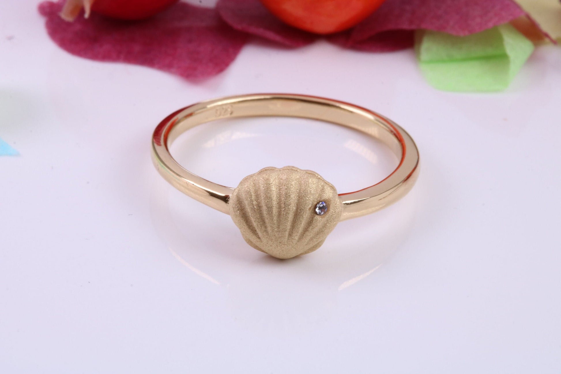 Shell Ring set with Cubic Zirconia, Made from solid Silver, Matt Finished with 18ct Yellow Gold Plating