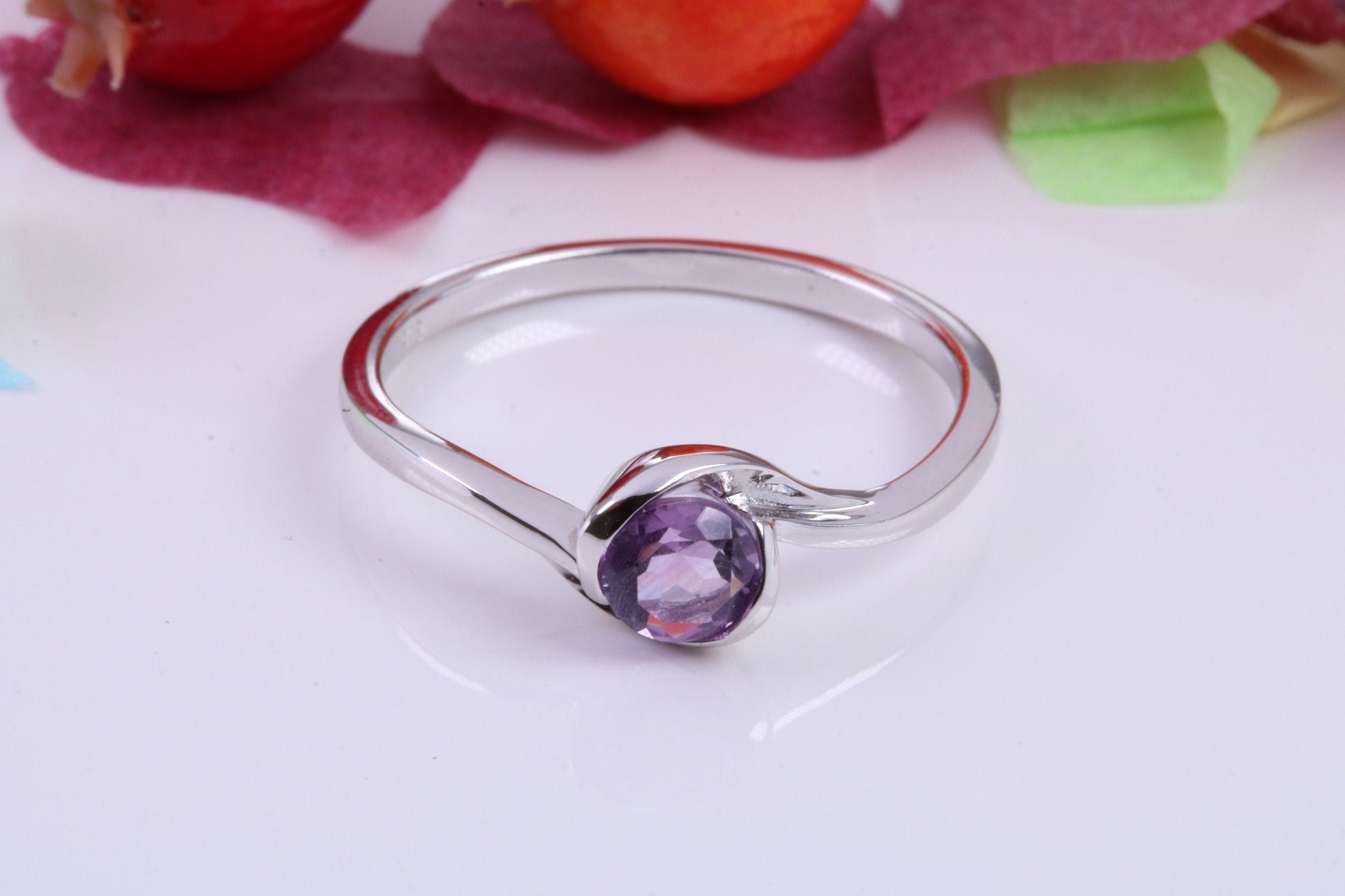 Natural Round cut Amethyst set Sterling Silver Ring, Very Smooth Setting, February Birthstone