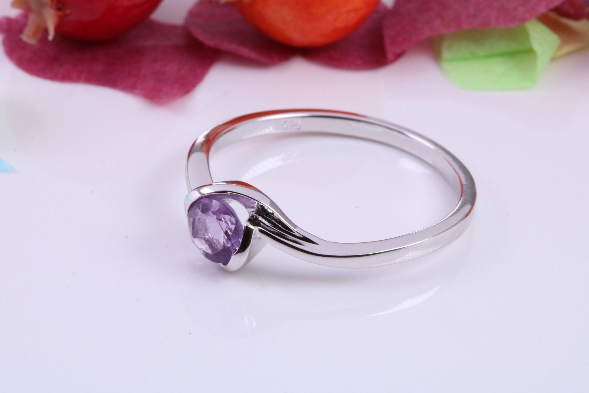Natural Round cut Amethyst set Sterling Silver Ring, Very Smooth Setting, February Birthstone