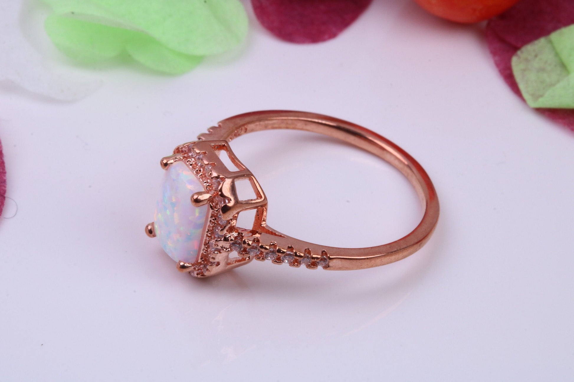 White Opal and Cubic Zirconia set Ring, Made From Solid Sterling Silver, 18ct Rose Gold Plated