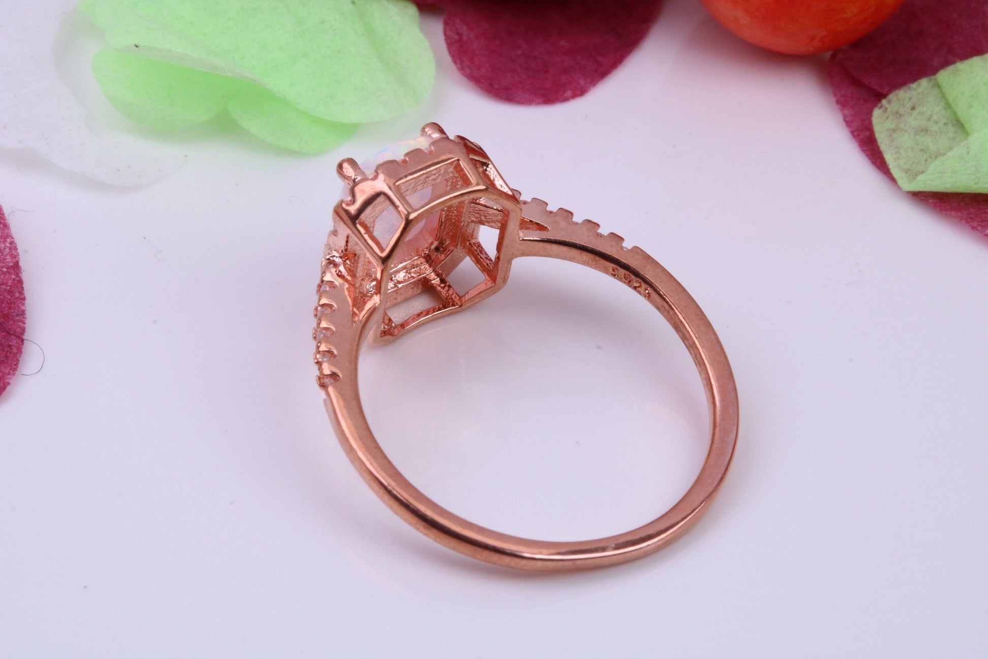 White Opal and Cubic Zirconia set Ring, Made From Solid Sterling Silver, 18ct Rose Gold Plated