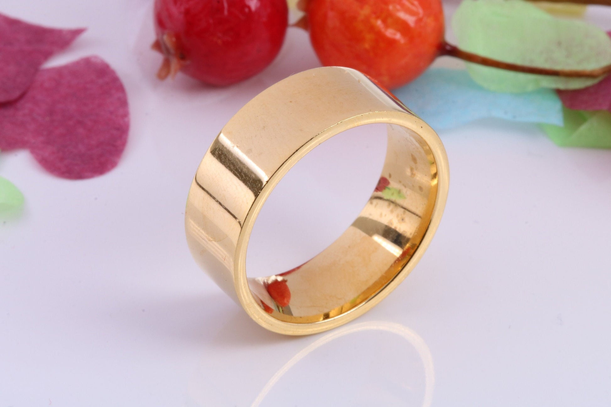 8 mm wide Simple Band, Flat Profile, Made from Solid Silver and Further 18ct Yellow Gold Plated