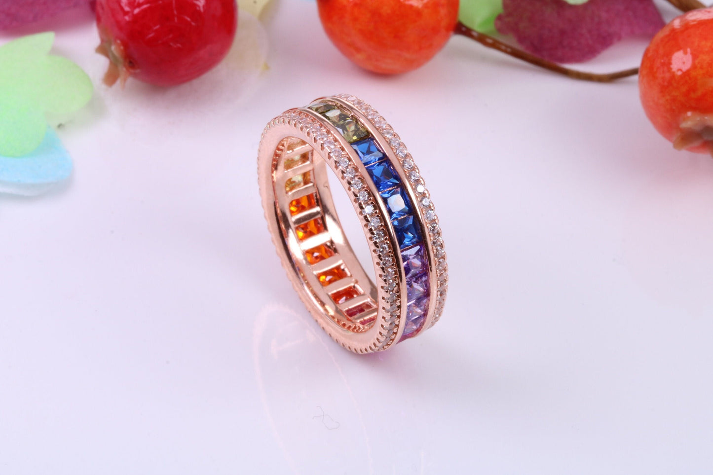 Very Dressy 7 mm wide Rainbow Cubic Zirconia set Ring, Made from solid Silver, 18ct Rose Gold Plated