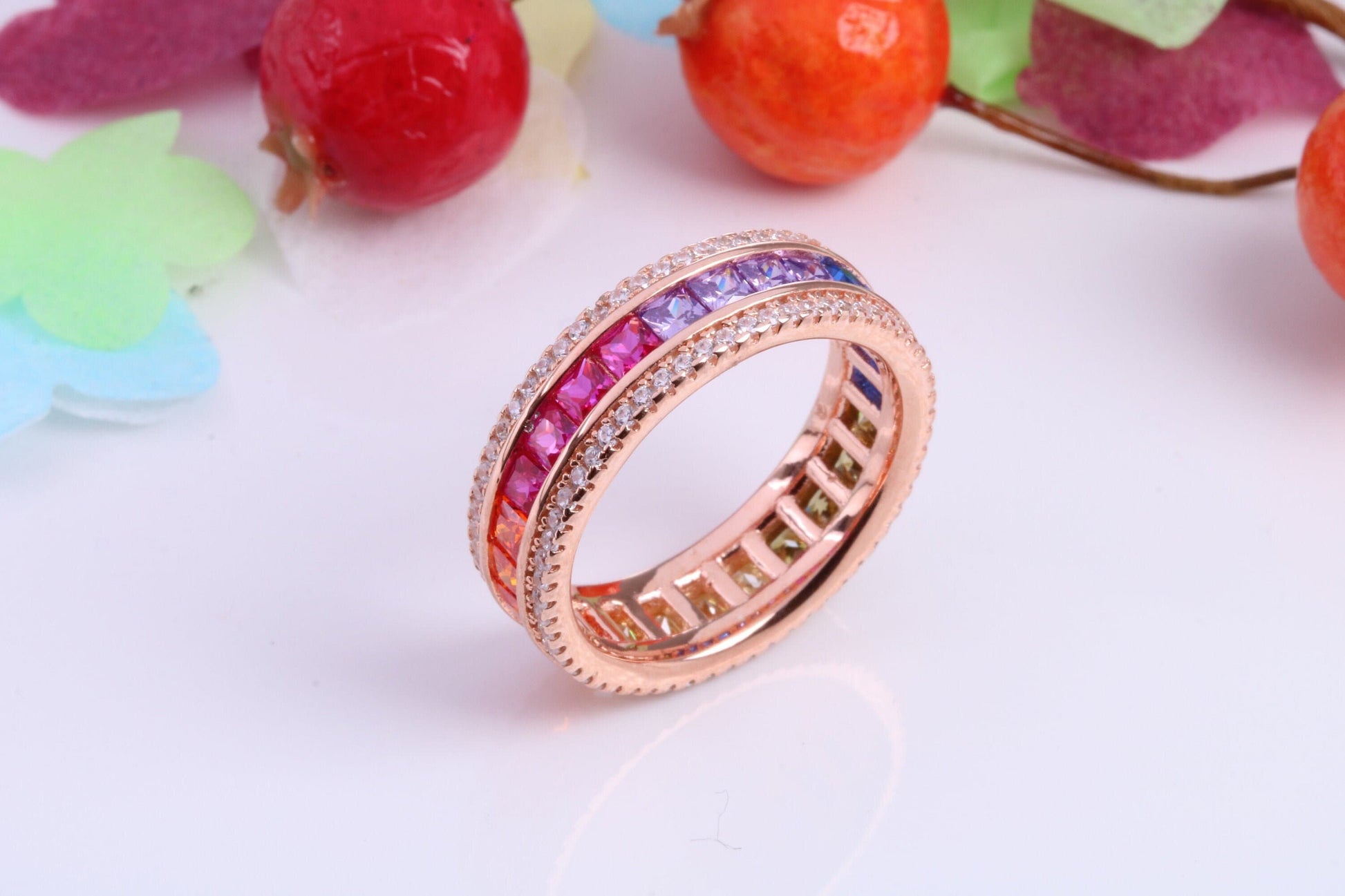 Very Dressy 7 mm wide Rainbow Cubic Zirconia set Ring, Made from solid Silver, 18ct Rose Gold Plated