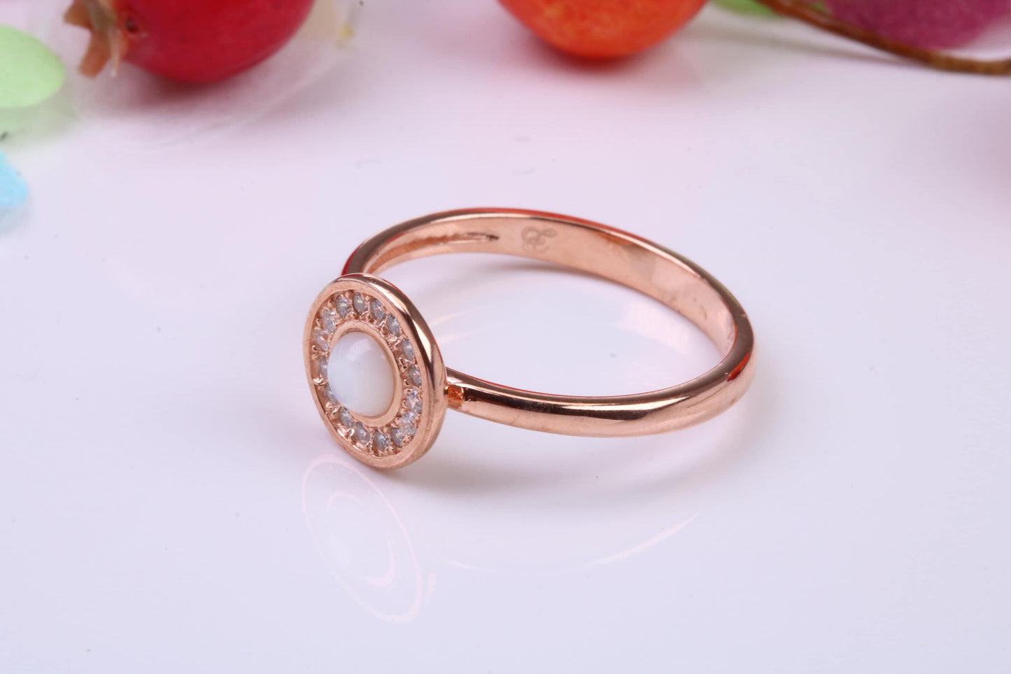 Mother of Pearl and Cubic Zirconia set Ring, Made from solid Silver, 18ct Rose Gold Plated