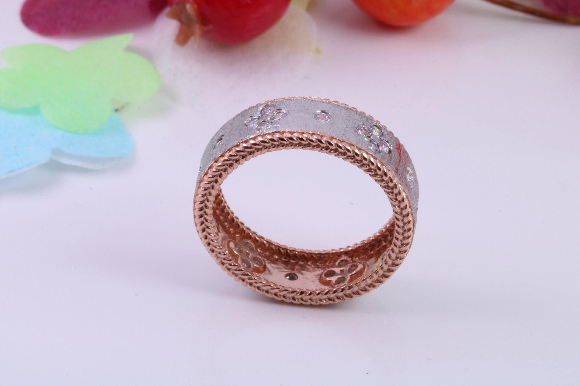 7 mm Wide Very Dressy Cubic Zirconia set Ring, Made from Solid Silver, 18ct Rose Gold Plated