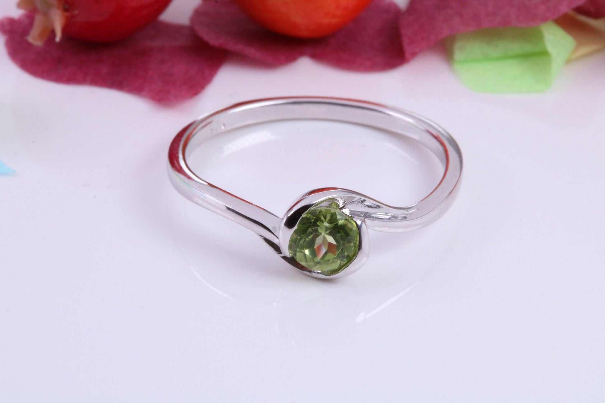 Natural Round cut Peridot set Sterling Silver Ring, Very Smooth Setting, August Birthstone