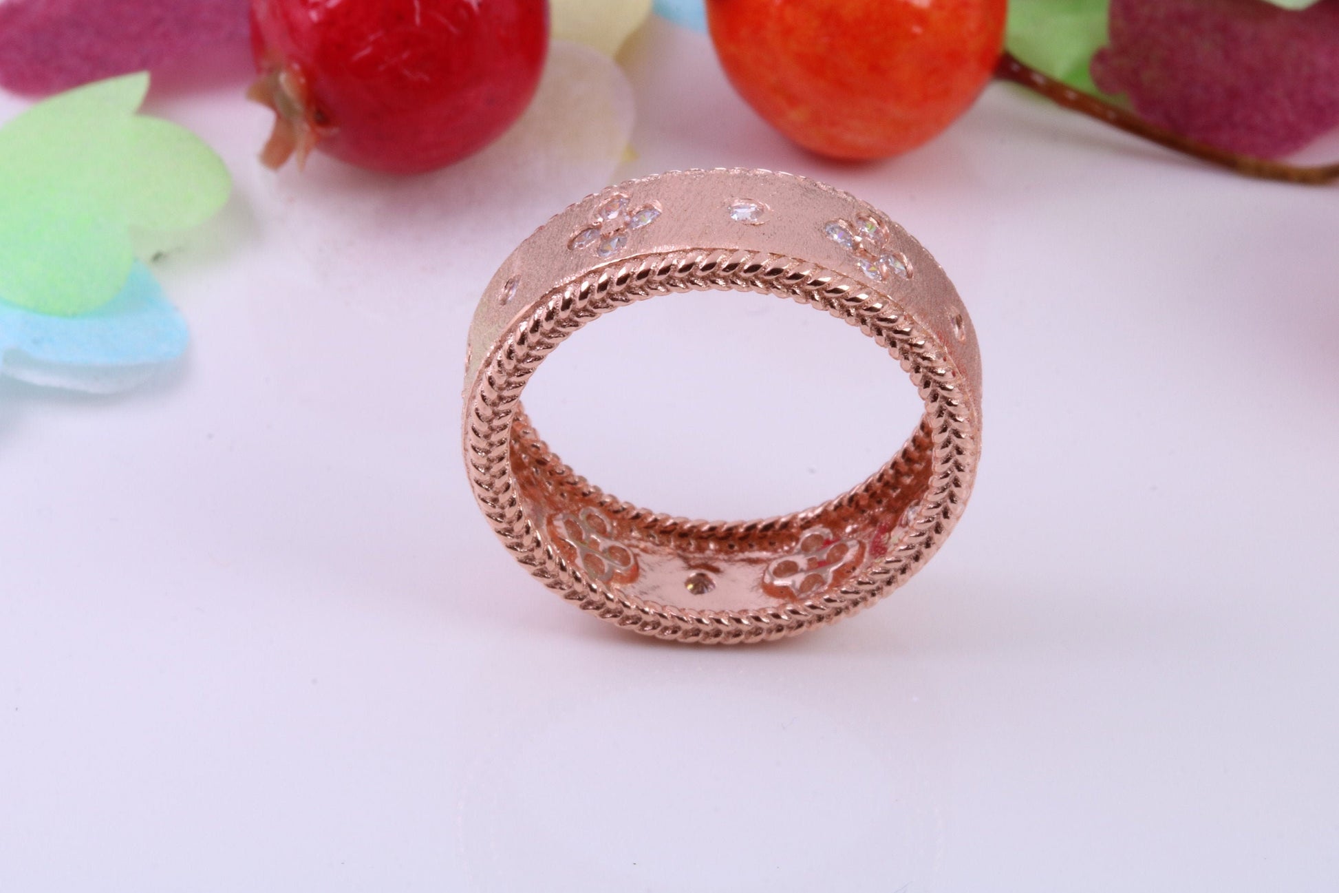 7 mm Wide Very Dressy Cubic Zirconia set Ring, Made from Solid Silver, 18ct Rose Gold Plated