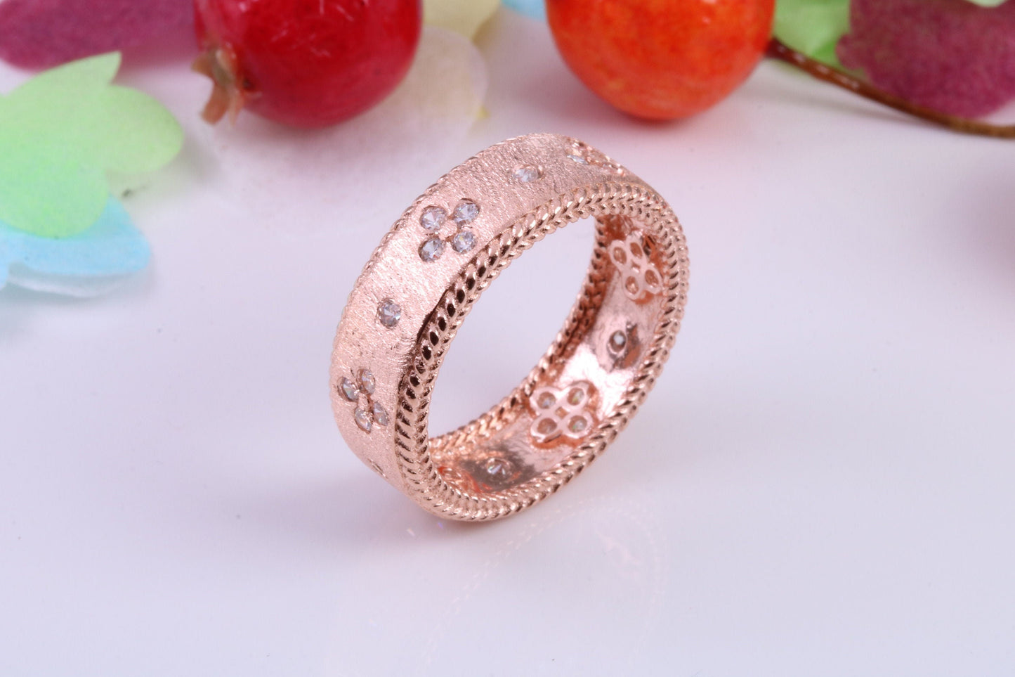 7 mm Wide Very Dressy Cubic Zirconia set Ring, Made from Solid Silver, 18ct Rose Gold Plated