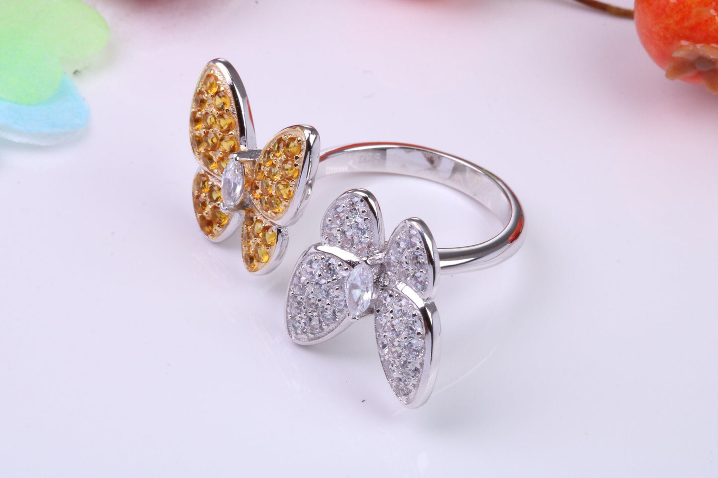 Double Butterfly Cubic Zirconia set Ring, Made from solid Silver