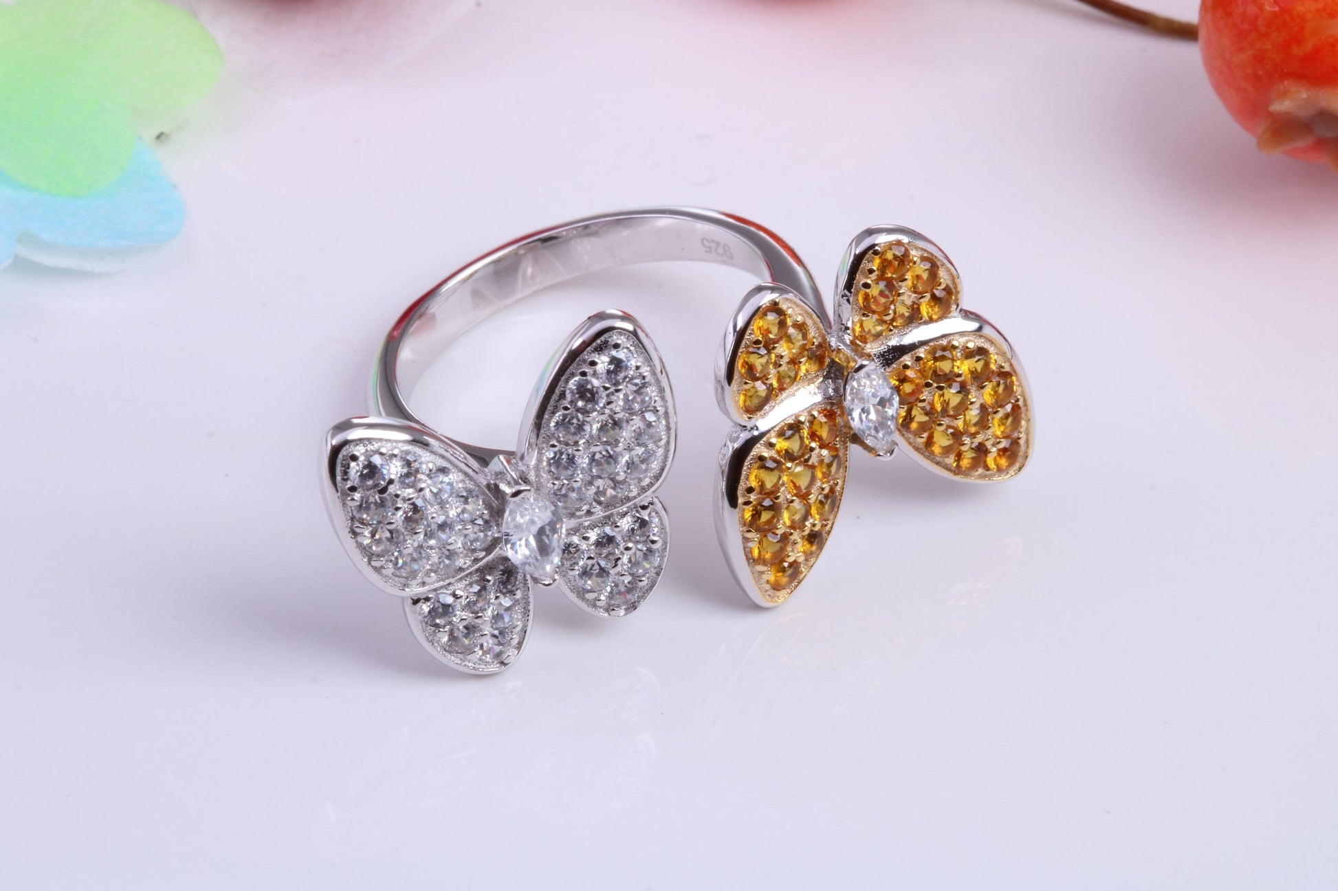 Double Butterfly Cubic Zirconia set Ring, Made from solid Silver