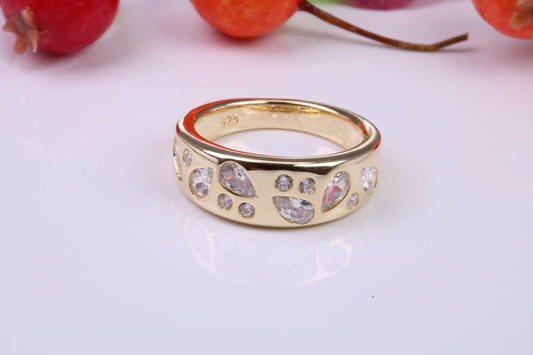 Very Dressy and Chunky Cubic Zirconia set Statement Ring, Made from solid Silver, 18ct Yellow Gold Plated