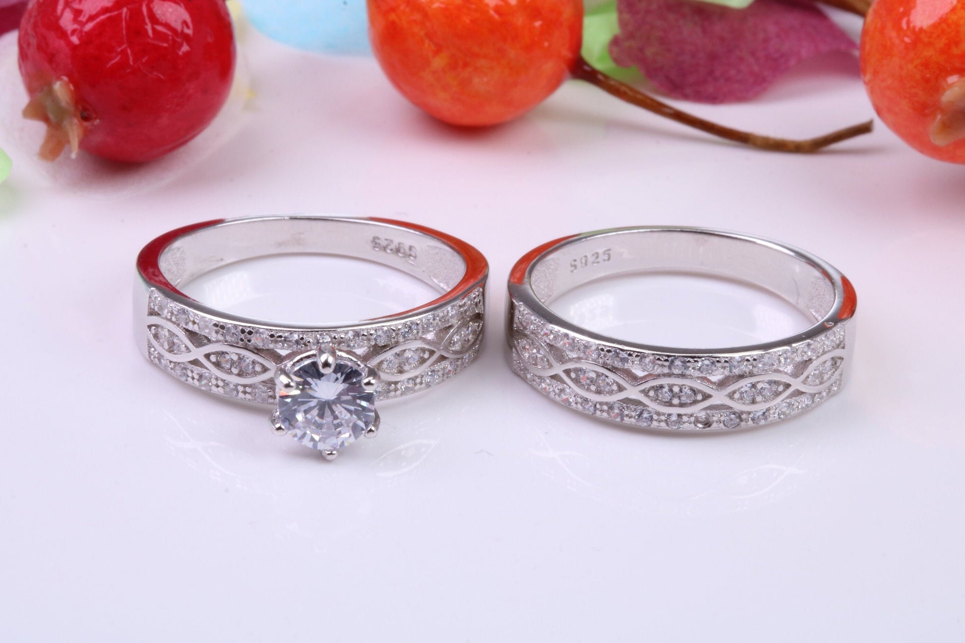 Matching Engagement and Wedding Ring, Cubic Zirconia set Rings, Made from solid Silver