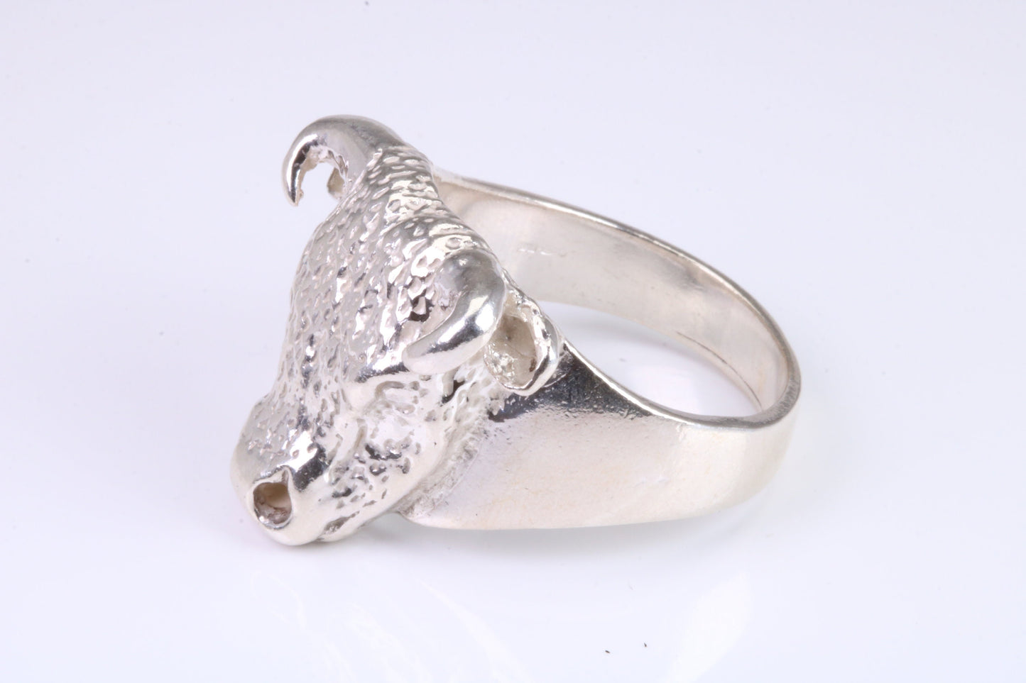 Very large and heavy Bulls head ring, made from solid cast silver, British Hallmarked