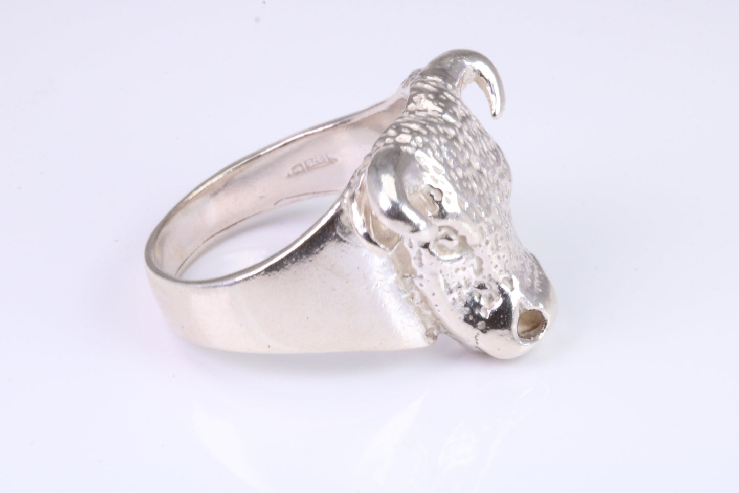 Very large and heavy Bulls head ring, made from solid cast silver, British Hallmarked