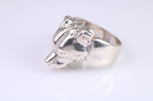 Very large and heavy Dog head ring, made from solid cast silver, British Hallmarked