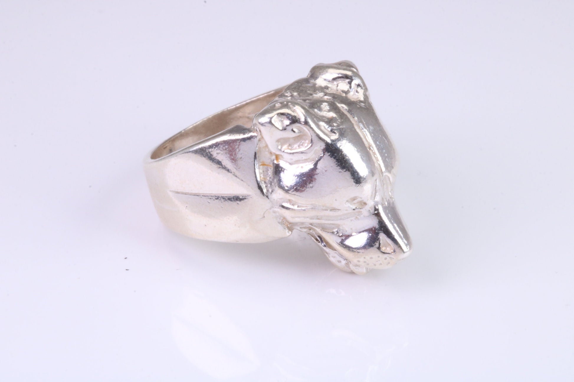 Very large and heavy Dog head ring, made from solid cast silver, British Hallmarked