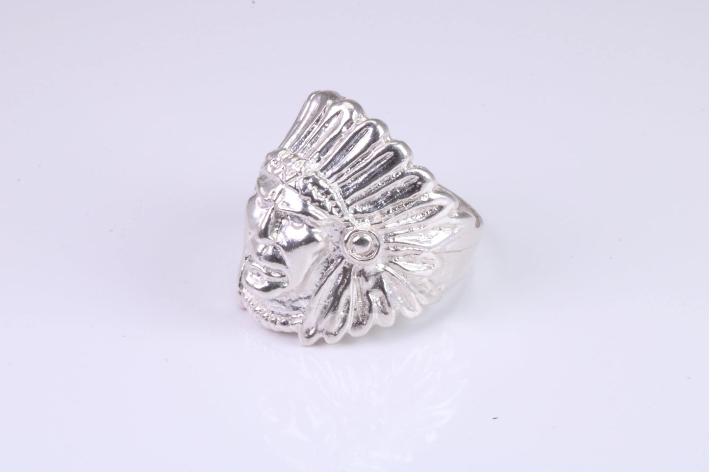 Large and heavy American Indian head ring, made from solid cast silver, British Hallmarked