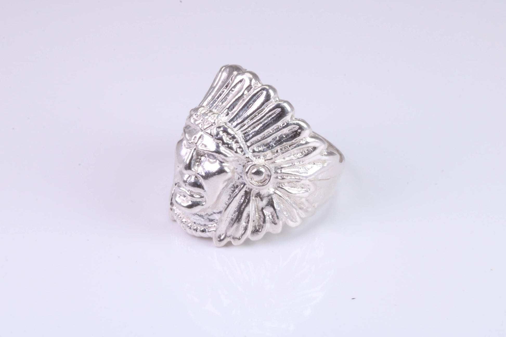 Large and heavy American Indian head ring, made from solid cast silver, British Hallmarked