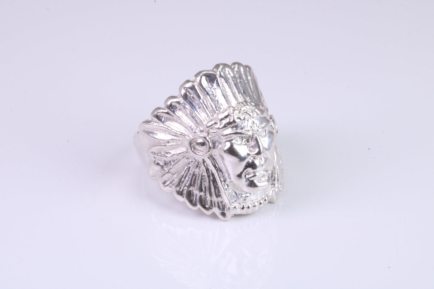 Large and heavy American Indian head ring, made from solid cast silver, British Hallmarked