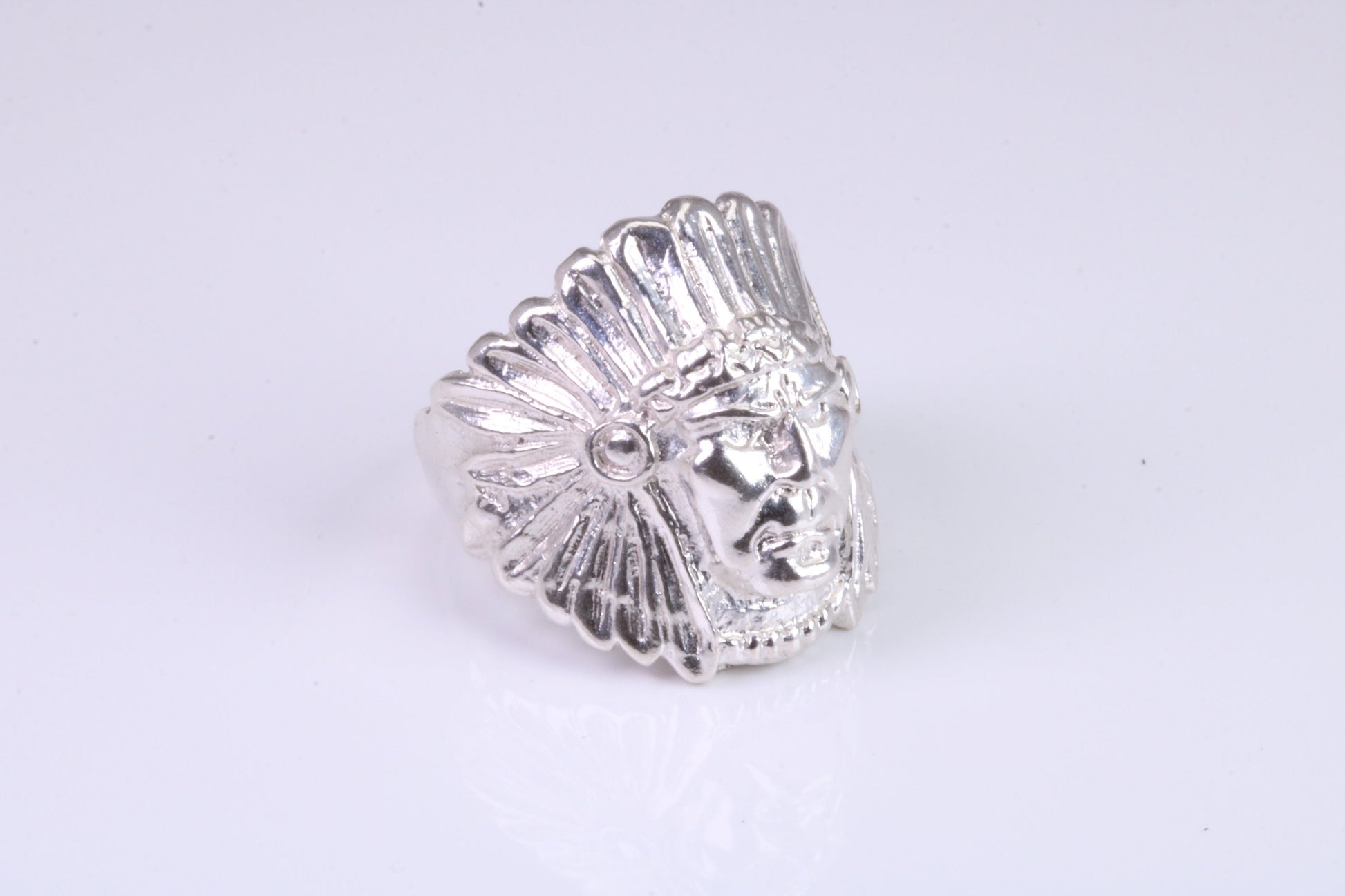 Large and heavy American Indian head ring, made from solid cast silver, British Hallmarked