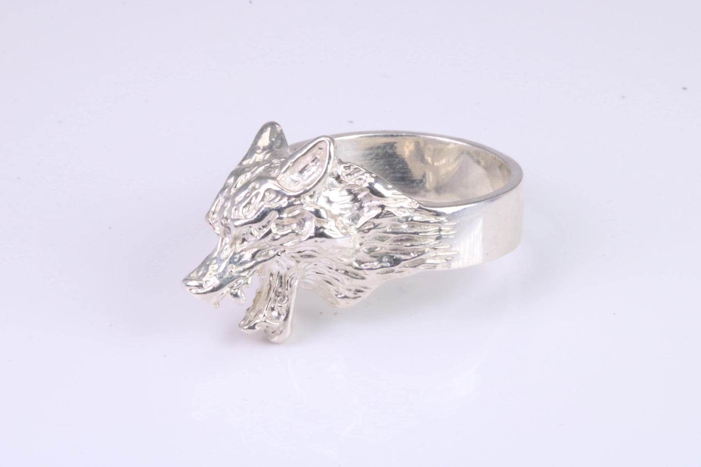Large and heavy Wolf Head ring, made from solid cast silver, British Hallmarked
