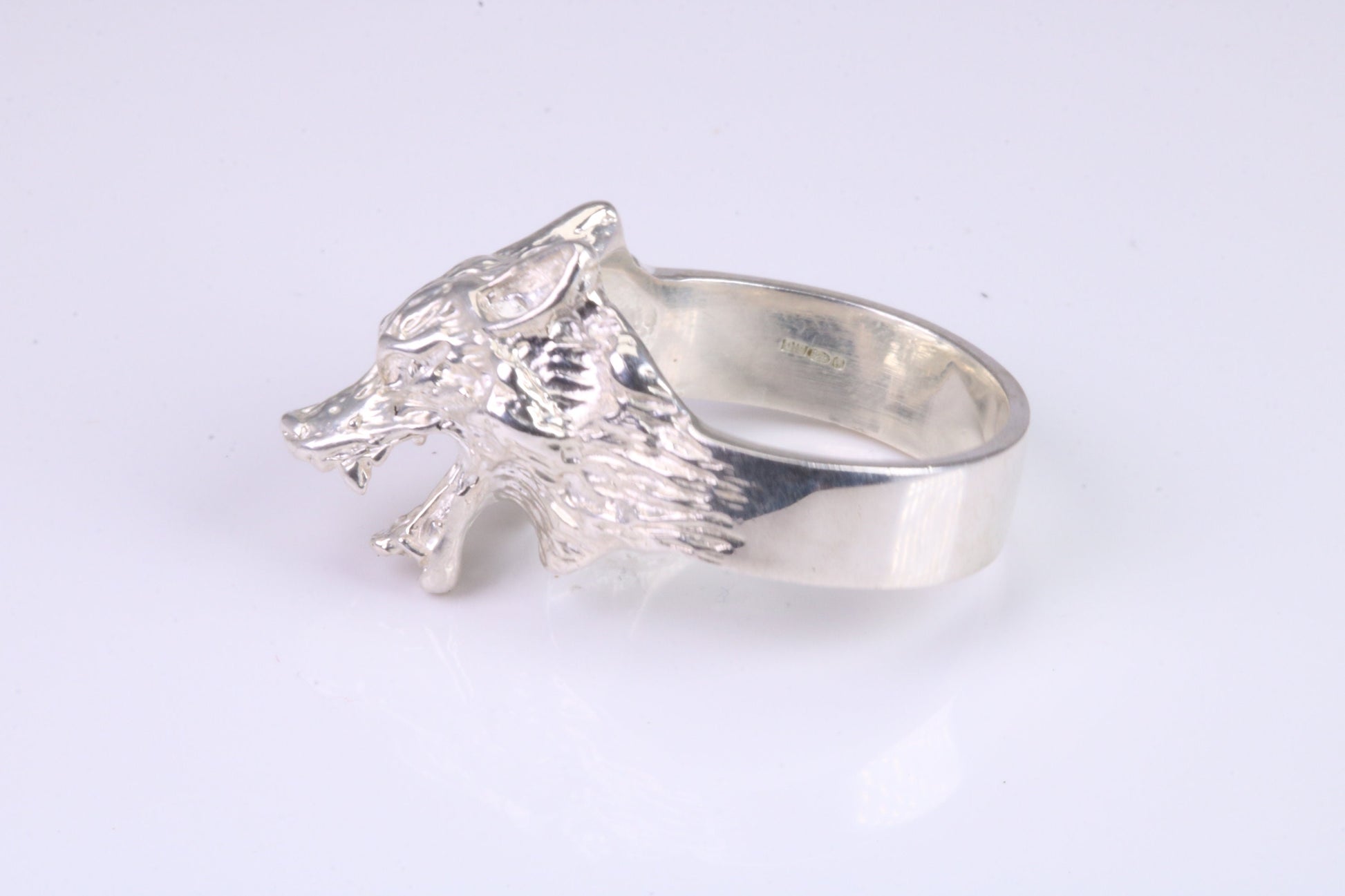 Large and heavy Wolf Head ring, made from solid cast silver, British Hallmarked