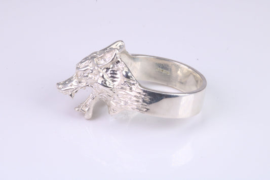 Large and heavy Wolf Head ring, made from solid cast silver, British Hallmarked