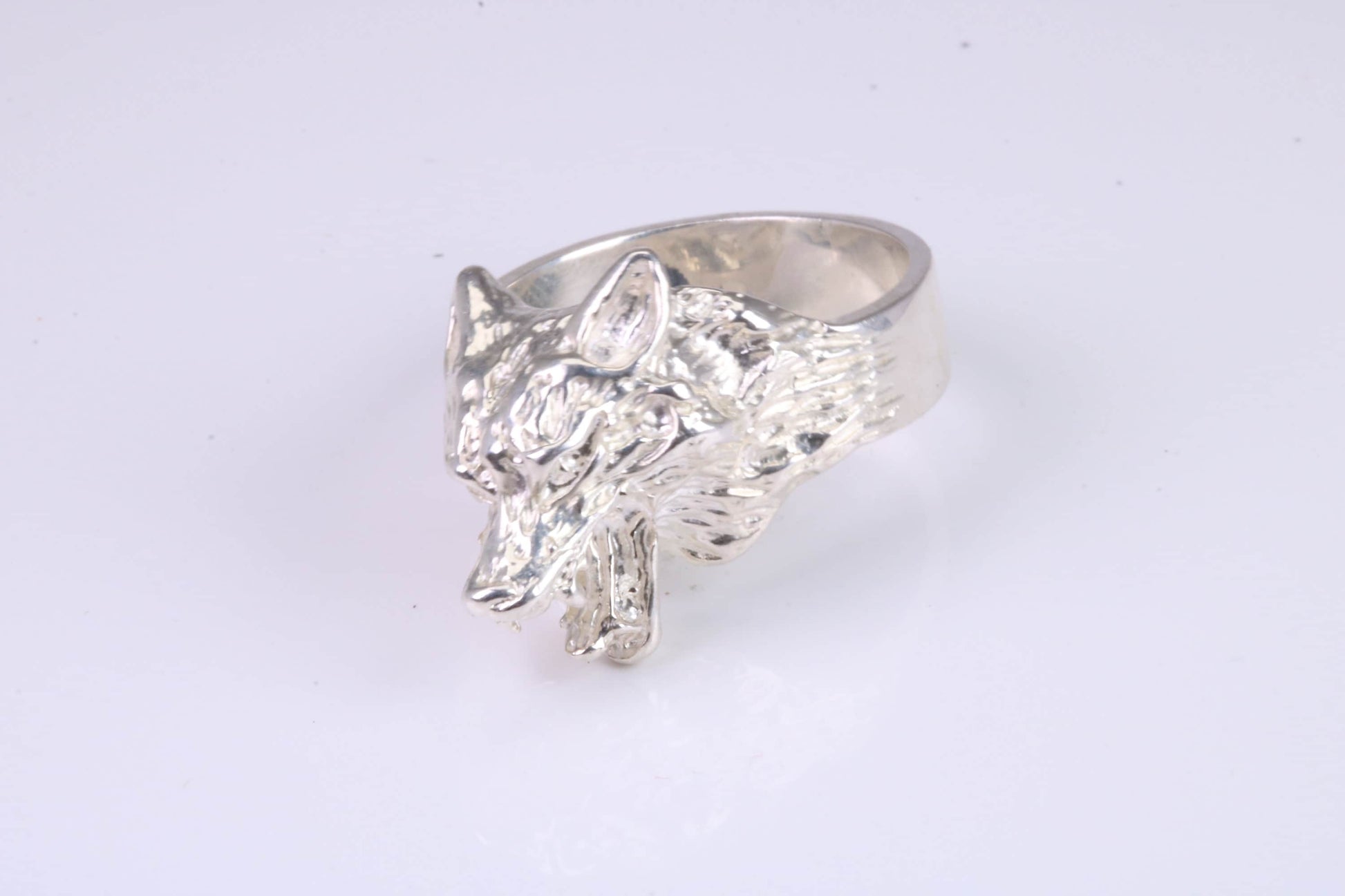 Large and heavy Wolf Head ring, made from solid cast silver, British Hallmarked
