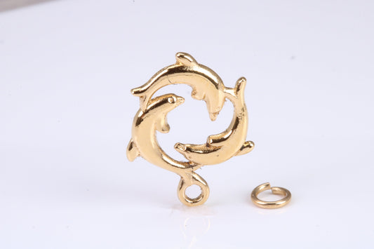 Performing Dolphins Charm, Traditional Charm, Made from Solid Yellow Gold, British Hallmarked, Complete with Attachment Link