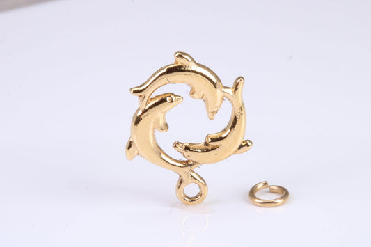 Performing Dolphins Charm, Traditional Charm, Made from Solid Yellow Gold, British Hallmarked, Complete with Attachment Link