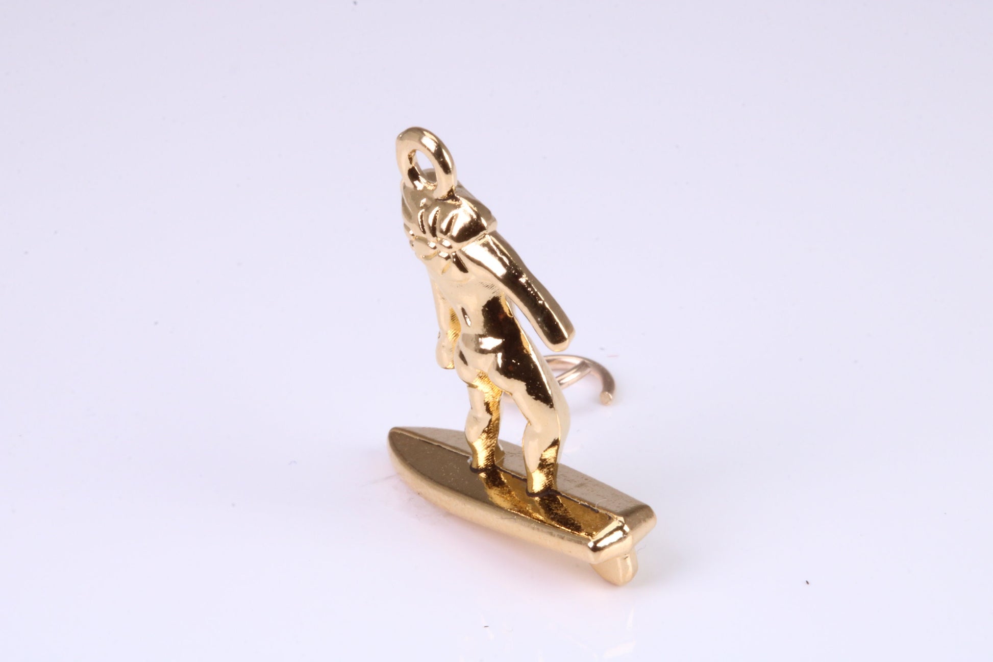 Surfing Girl Charm, Traditional Charm, Made from Solid Yellow Gold, British Hallmarked, Complete with Attachment Link