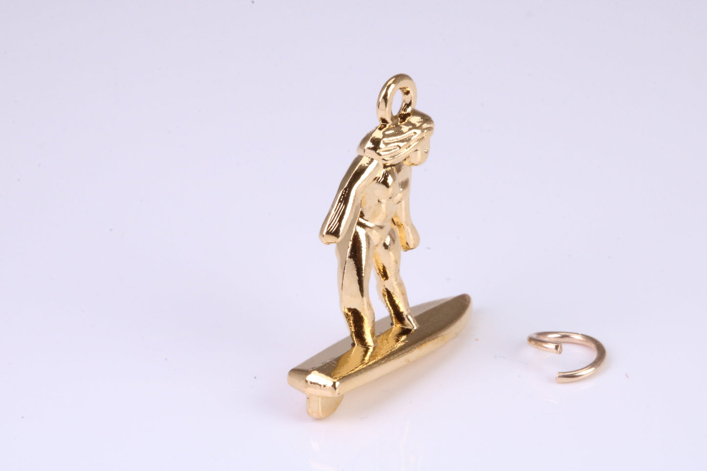 Surfing Girl Charm, Traditional Charm, Made from Solid Yellow Gold, British Hallmarked, Complete with Attachment Link