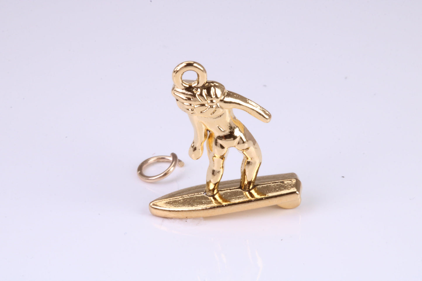 Surfing Girl Charm, Traditional Charm, Made from Solid Yellow Gold, British Hallmarked, Complete with Attachment Link