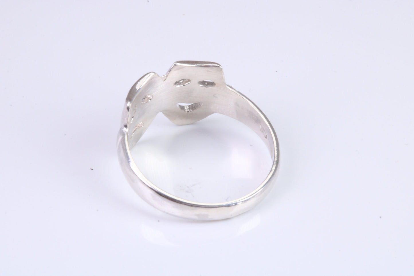Happy and Sad mask ring, solid silver, suitable for ladies or gents. Available in silver, yellow gold, white gold and platinum