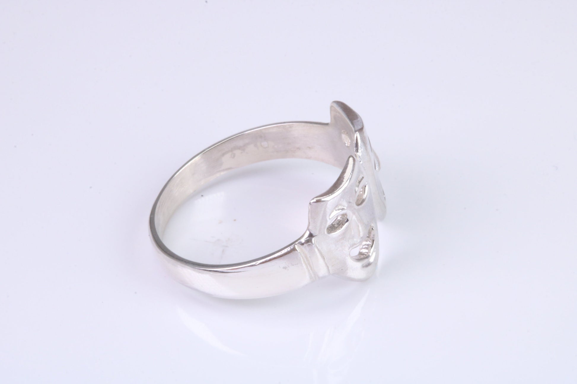 Happy and Sad mask ring, solid silver, suitable for ladies or gents. Available in silver, yellow gold, white gold and platinum