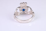 Large and heavy stone set Claddagh ring, set with Sapphire Blue C Z, solid cast silver
