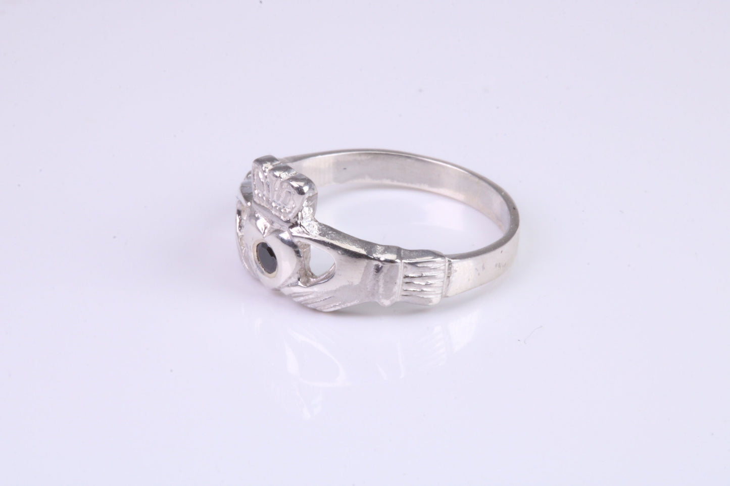 Dainty Sapphire Blue C Z set Claddagh ring, set with Sapphire C Z, solid cast silver