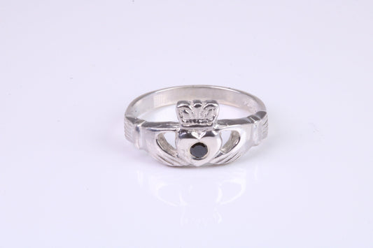 Dainty Sapphire Blue C Z set Claddagh ring, set with Sapphire C Z, solid cast silver