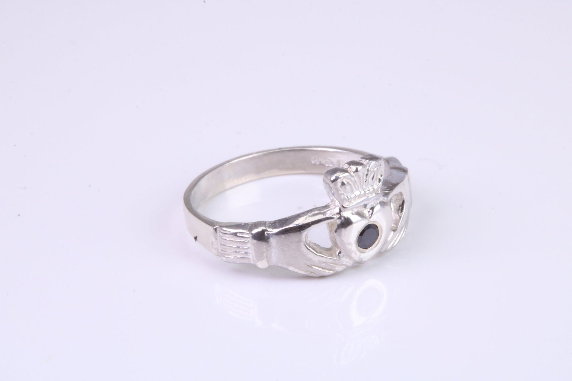 Dainty Sapphire Blue C Z set Claddagh ring, set with Sapphire C Z, solid cast silver
