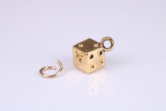 Dice Charm, Traditional Charm, Made from Solid Yellow Gold, British Hallmarked, Complete with Attachment Link