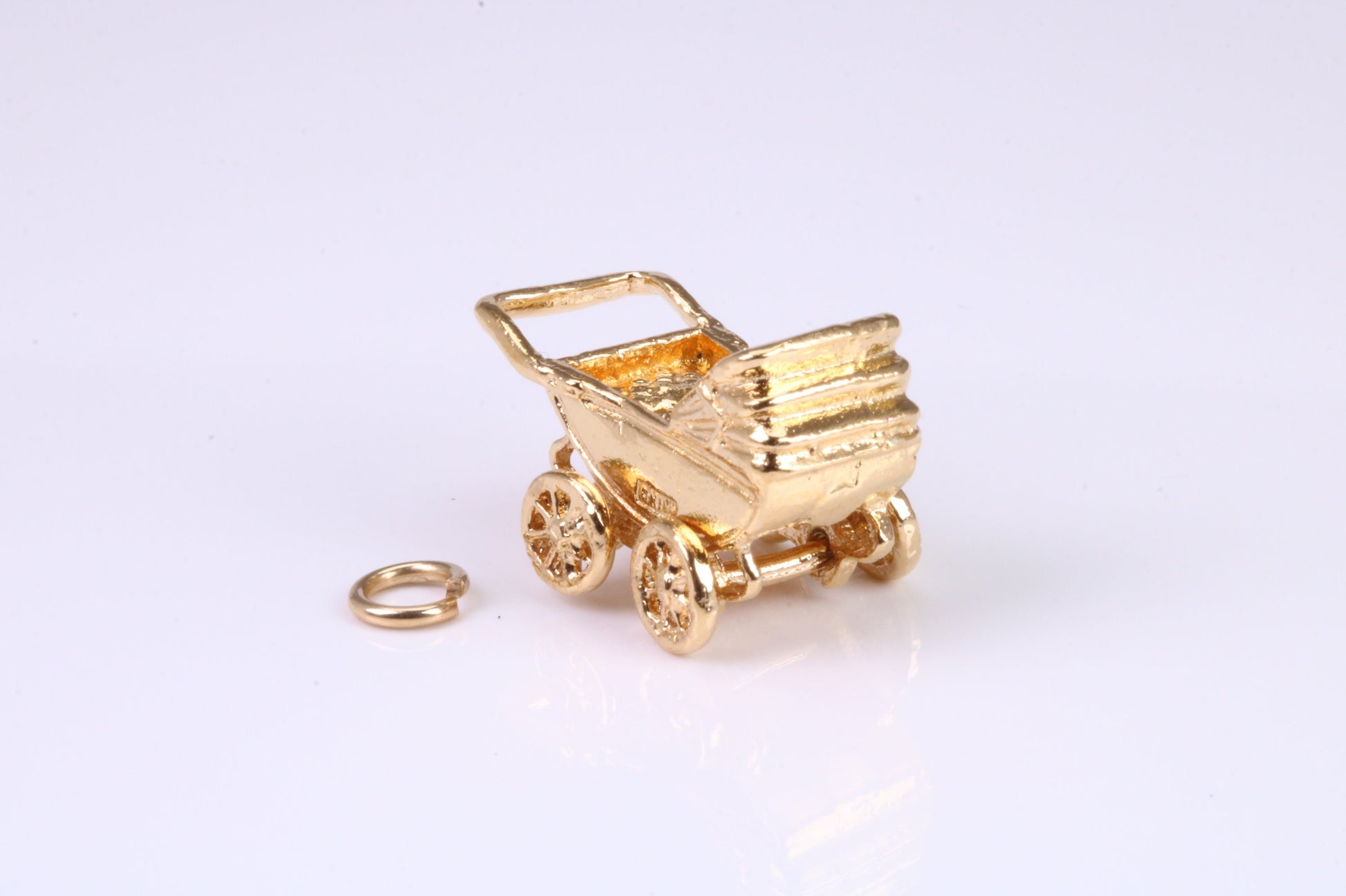 Baby Pram Charm, Traditional Charm, Made from Solid Yellow Gold, British Hallmarked, Complete with Attachment Link