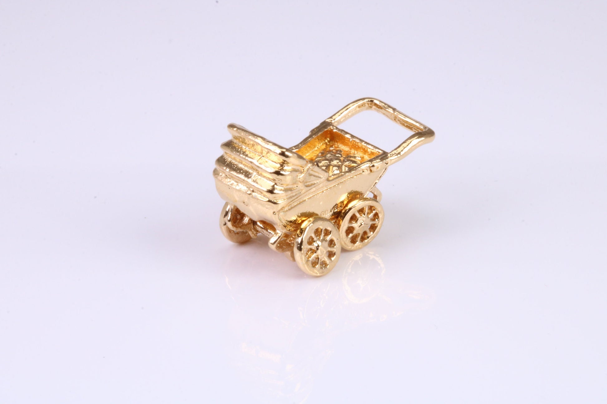 Baby Pram Charm, Traditional Charm, Made from Solid Yellow Gold, British Hallmarked, Complete with Attachment Link