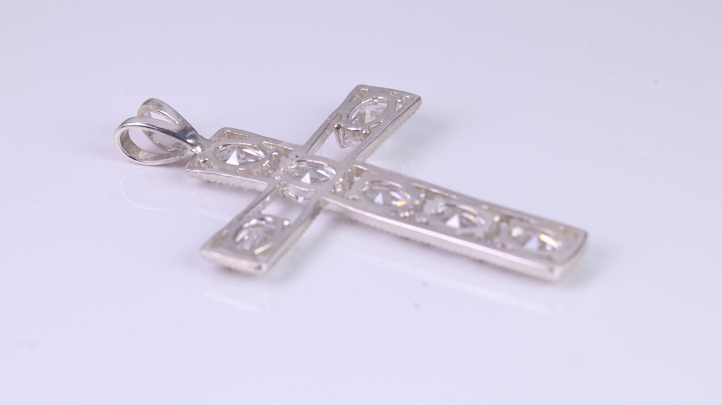 50 mm Long Sterling Silver C Z set Cross Necklace, Made From Solid Cast Silver