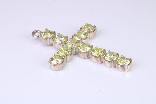 60 mm Long, Large Peridot C Z set Sterling Silver Cross, Made From Solid Cast Silver