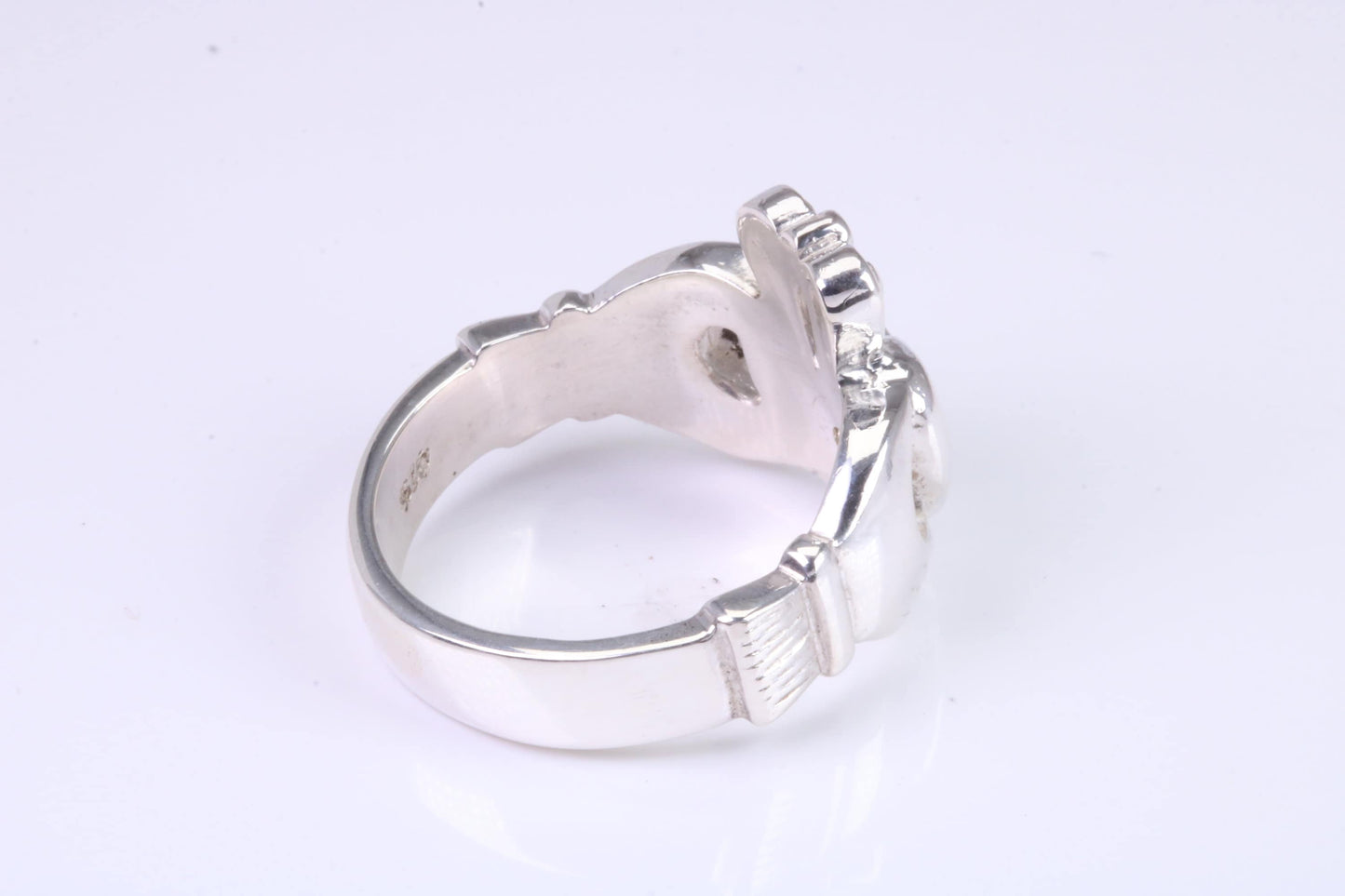 Large and heavy Claddagh ring, made from solid cast silver, British hallmarked